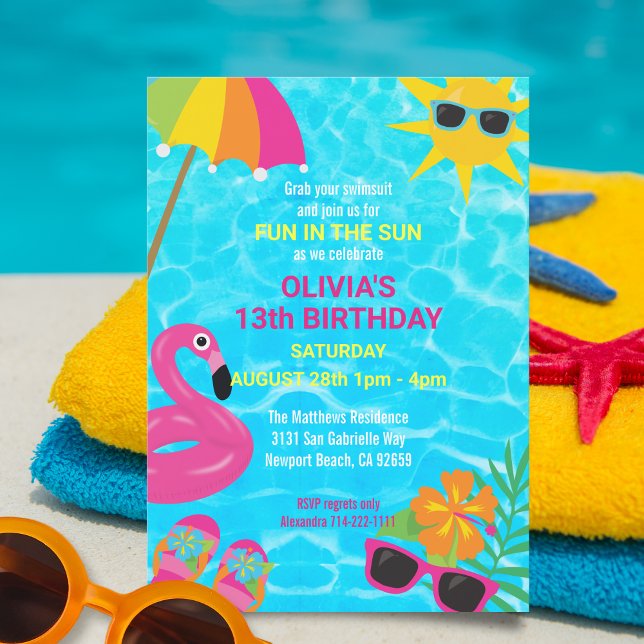 Invitation Fun Pool Party d'été Anniversaire (This colorful pool party invitation is perfect for a kid's, teen's or adult's birthday celebration!)
