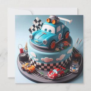 INVITATION FUN RACE VOITURE THEMME BIRTHDALE GÂTEAU