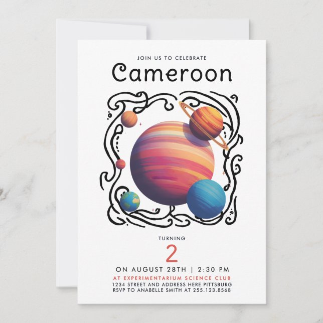 Invitation Fun Red Blue Planets Moon Galaxy Outer Space Draw (Devant)