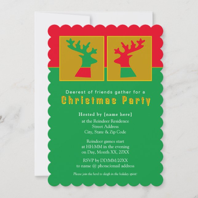 Invitation Fun Reindee Rouge Vert Golden Christmas Party (Devant)