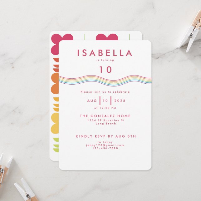 Invitation Fun Retro Rainbow Flowers Anniversaire (Devant/Arrière en situation)