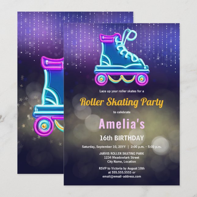 Invitation Fun Roller Sking fête d'anniversaire (Devant / Derrière)