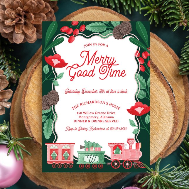 Invitation Fun rose Vintage Train Noël Arbre (Fun Pink Vintage Train Christmas Tree Delivery Invitation)