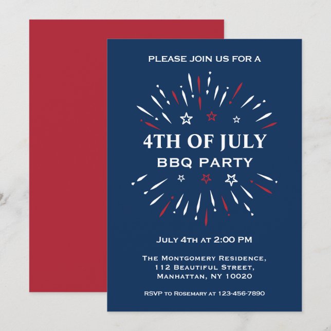 Invitation Fun Rouge Bleu Bleu 4 juillet BBQ Feux (Devant / Derrière)