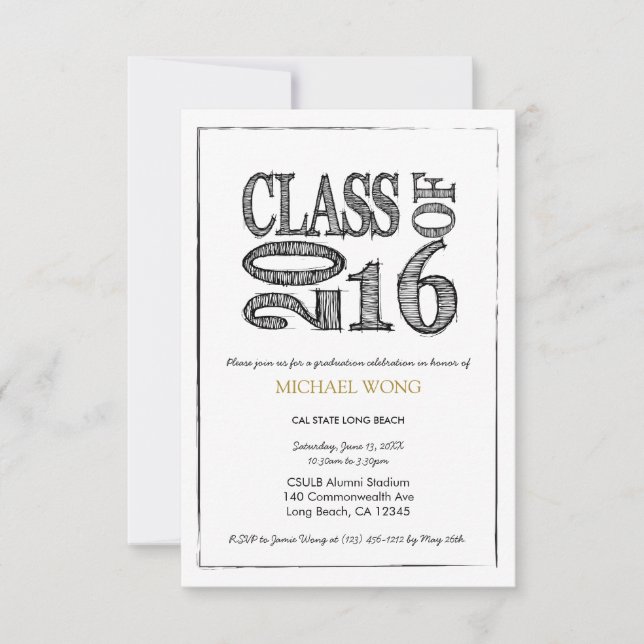 Invitation Fun & Simple Pen Sketch Classe de 2016 (Devant)