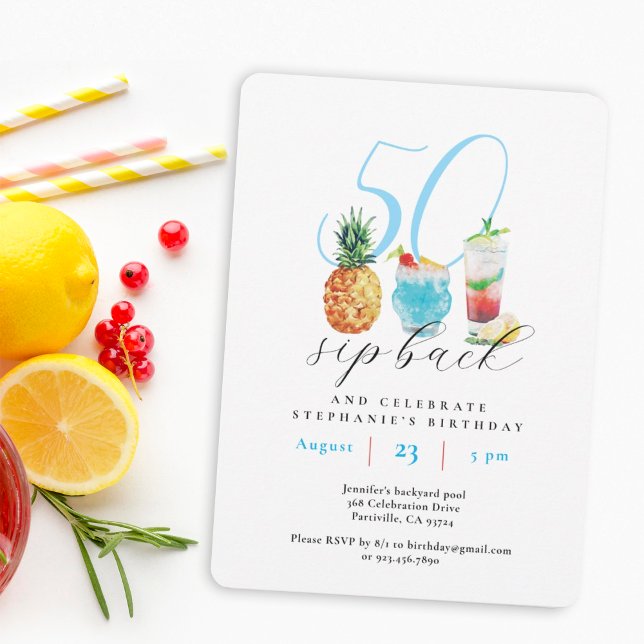 Invitation Fun Sip Back Cocktails 50th Birthday Party (Créateur téléchargé)