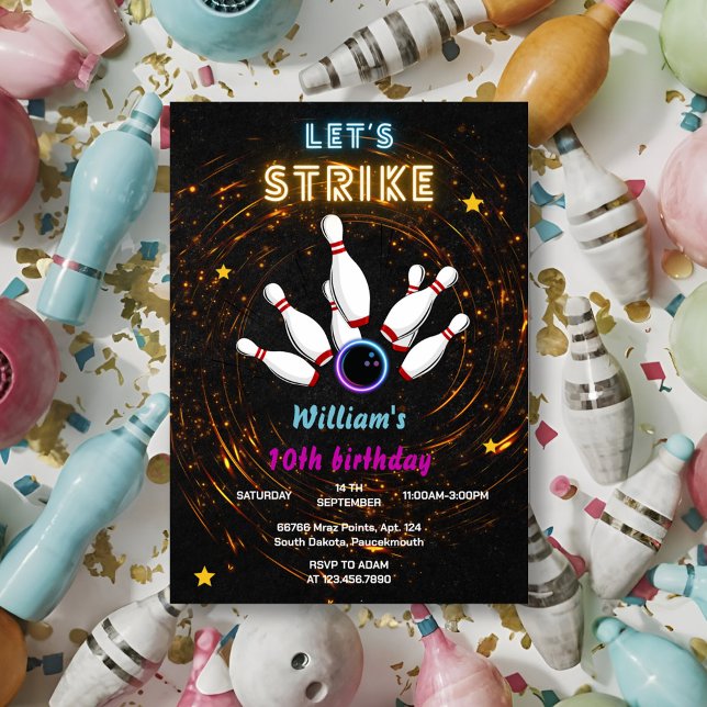Invitation Fun Strike cool sports bleu Bowling 10e anniversai (Créateur téléchargé)