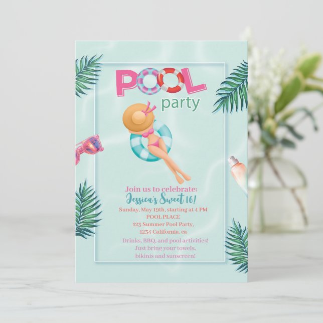Invitation Fun Summer Pool Party Watercolor Sweet 16 (Debout devant)