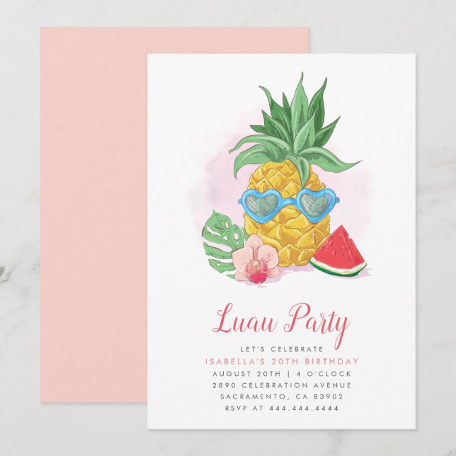 Invitation Fun Summer Tropical Pineapple Luau Party Anniversa (Devant / Derrière)
