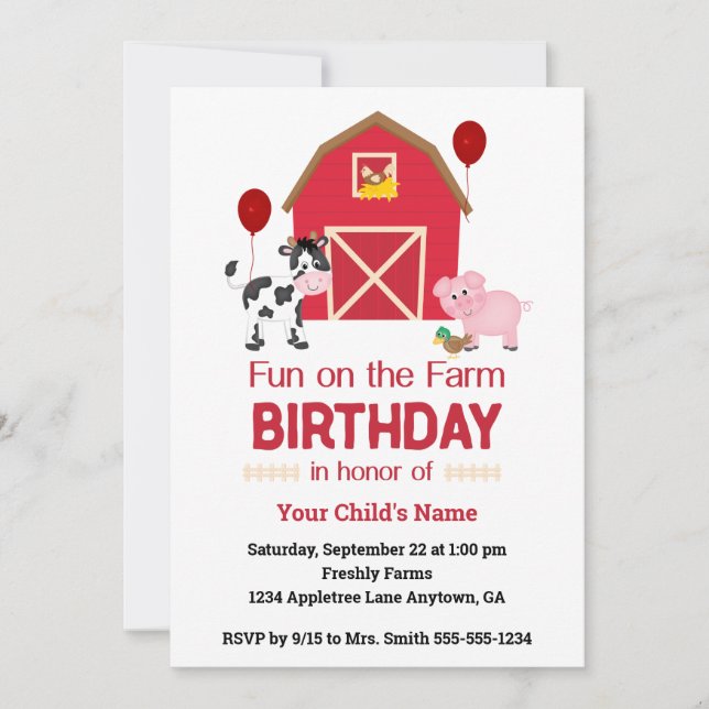 Invitation Fun sur mesure sur la ferme Anniversaire avec anim (Devant)