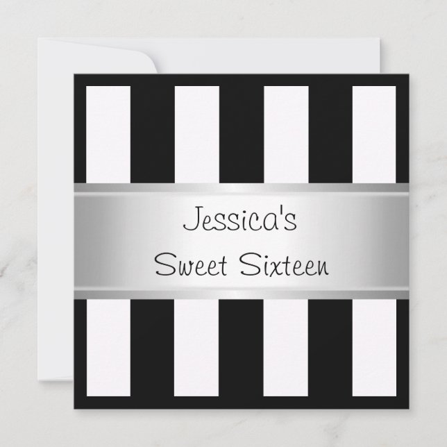 Invitation Fun Sweet 16 Black & White Stripes Silver Party (Devant)