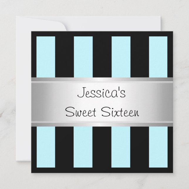Invitation Fun Sweet 16 Light Blue Black Stripes Silver Party (Devant)