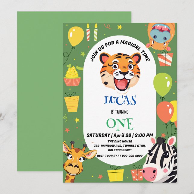 Invitation Fun tiger Zebra Hippo safari zoo Wild Birthday (Devant / Derrière)