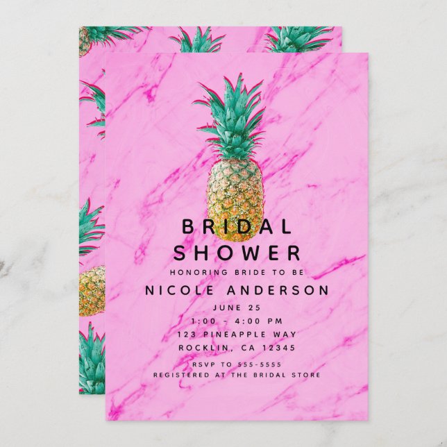 Invitation Fun Tropical Ananas & Marbre Rose Moderne Mariage (Devant / Derrière)