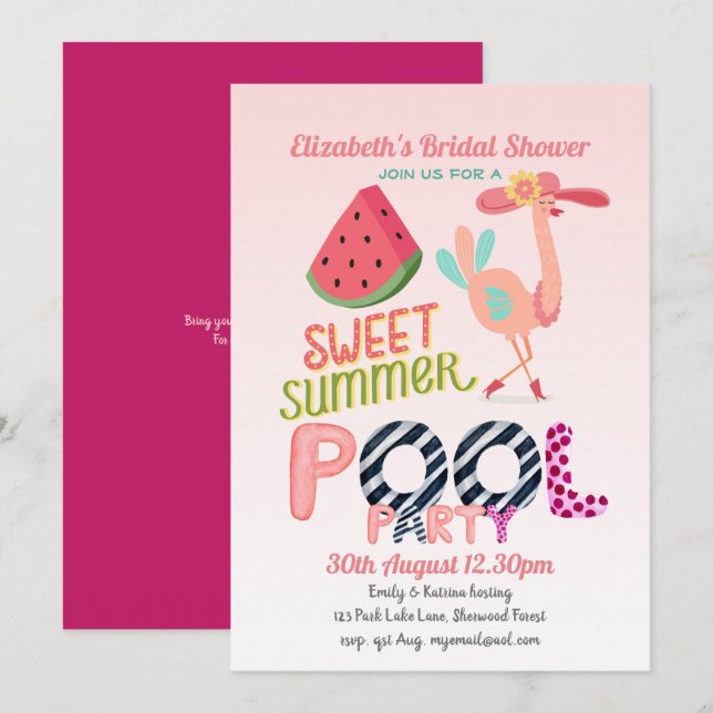 Invitation Fun Tropical Flamant rose Pool Party Rose Bleu mod (Devant / Derrière)