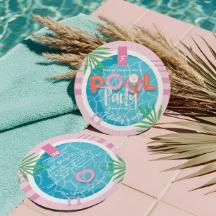 Invitation Fun Tropical Pink & Blue Illustrator Pool Party