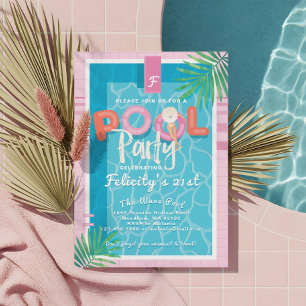 Invitation Fun Tropical Pink & Blue Illustrator Pool Party