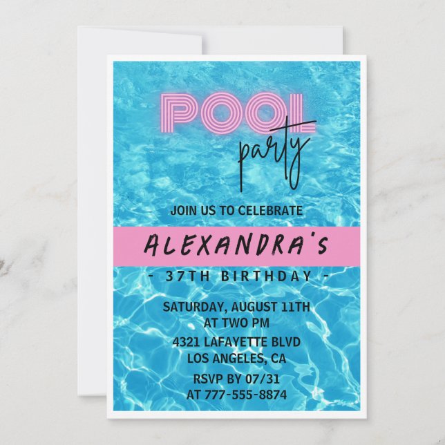 Invitation Fun Tropical Pink Pool fête 37e anniversaire (Devant)