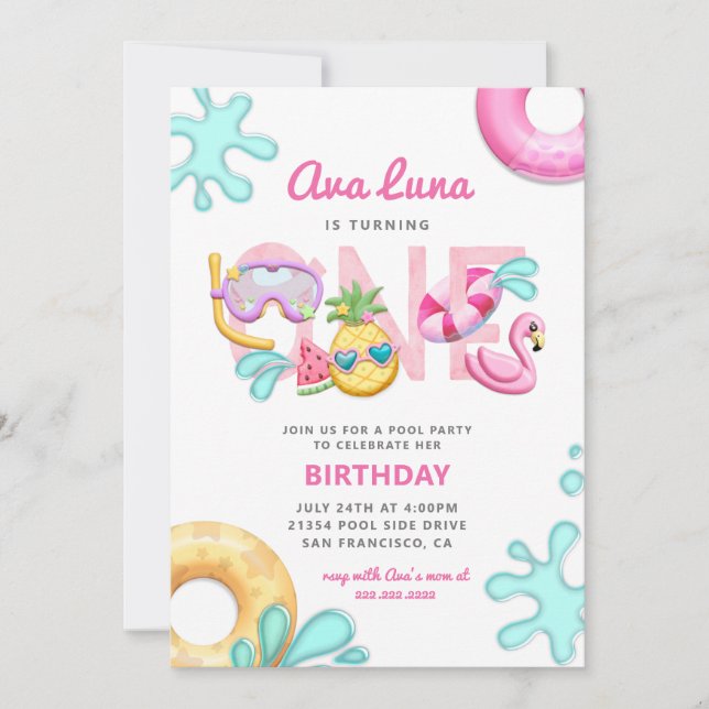 Invitation Fun Tropical Summer Beach Girl 1er anniversaire Ph (Devant)