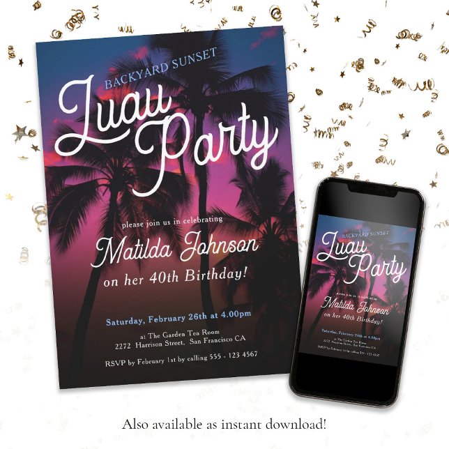 Invitation Fun Tropical Sunset Luau Party 40e anniversaire (40th Birthday Tropical Sunset Luau Party Invitation)