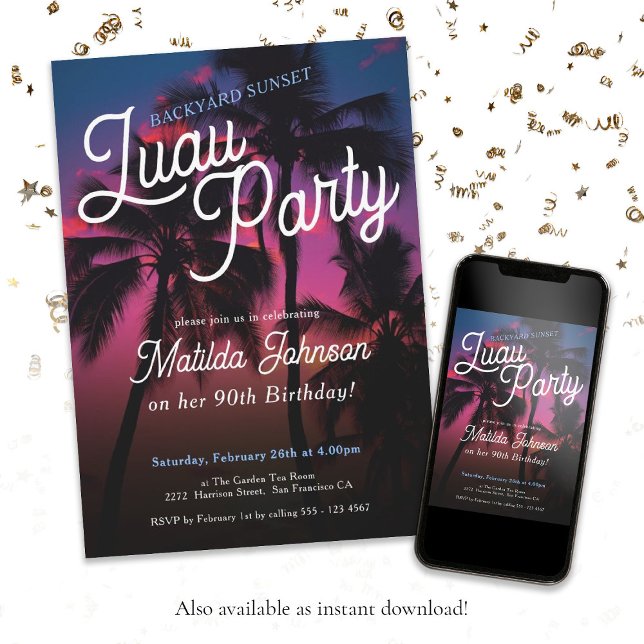 Invitation Fun Tropical Sunset Luau Party 90e anniversaire (90th Birthday Tropical Sunset Luau Party Classy Invitation)