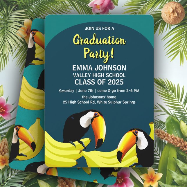 Invitation Fun Tropical Turquoise Bananes Toucans Graduation  (Tropical teal graduation party invitations with exotic Toucan birds and bright yellow bananas)