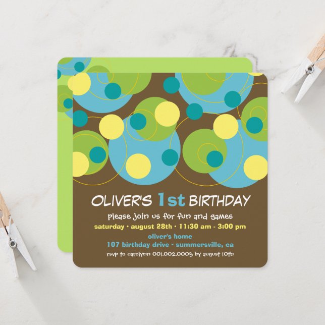 Invitation Fun Turquoise Bubbly Dots Photo Boy 1er Anniversai (Devant/Arrière en situation)