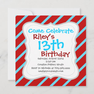 Invitation Fun Turquoise Turquoise Red Diagonal Stripes Cadea
