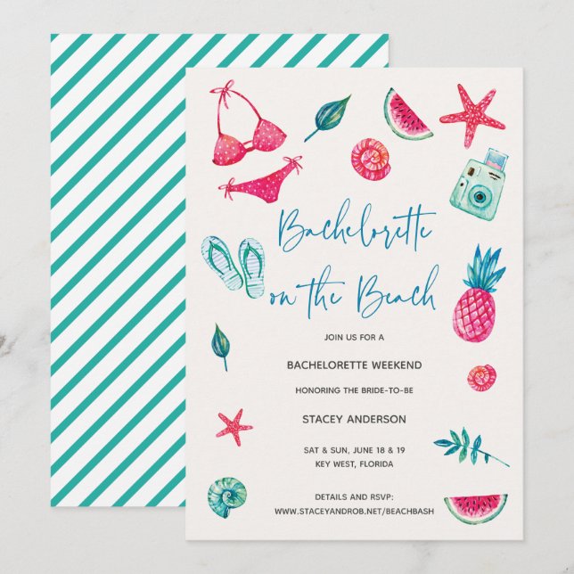 Invitation Fun Watercolor Beach Destination Bachelorette (Devant / Derrière)