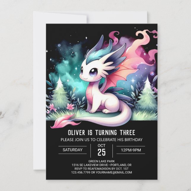 Invitation Fun Watercolor Dragon Anniversaire (Devant)