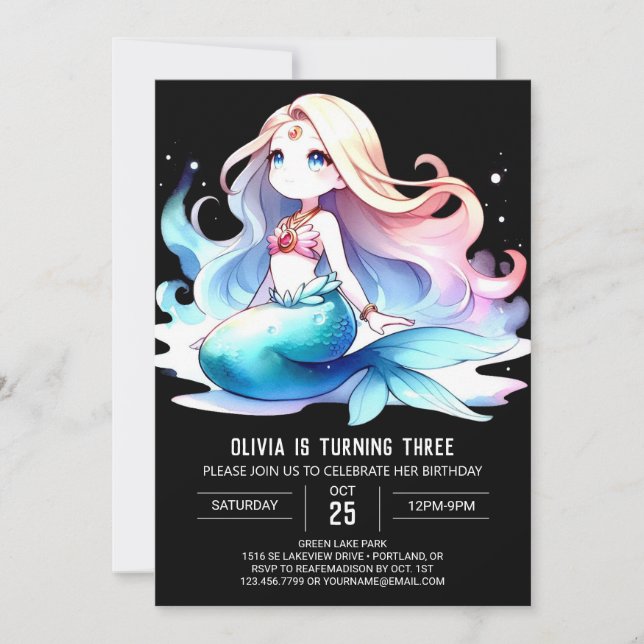 Invitation Fun Watercolor Fun Mermaid Anniversaire (Devant)