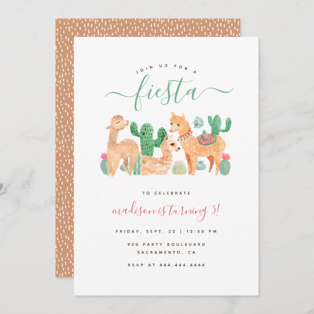Invitation Fun Watercolor Llama Fiesta Anniversaire de enfant (Devant / Derrière)