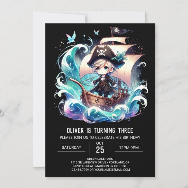 Invitation Fun Watercolor Pirate Anniversaire (Devant)