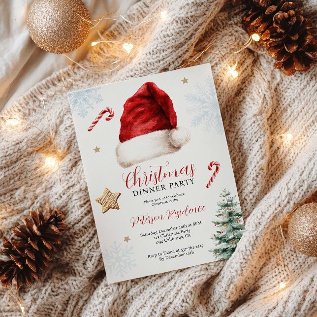 Invitation Fun Whimsical Santa Hat Soir de Noël (Fun Whimsical Santa Hat Christmas Dinner Party Invitation)