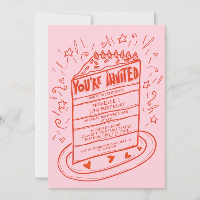 Invitation Fun Whimsical unique main tiré gâteau d'anniversai (Devant)