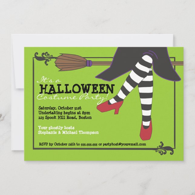 Invitation Fun Wicked Witch sur Broom Halloween Costume Party (Devant)