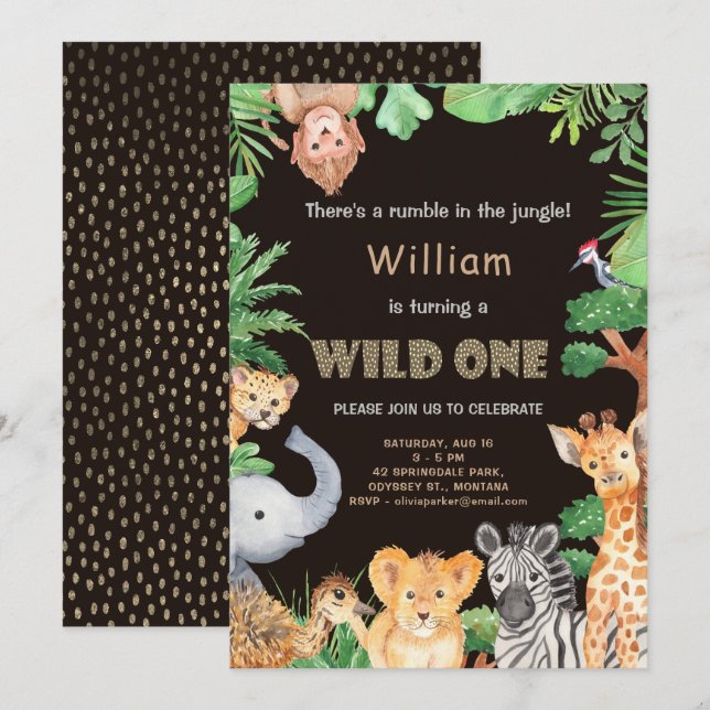 Invitation Fun Wild One Jungle Boy Premier anniversaire (Devant / Derrière)