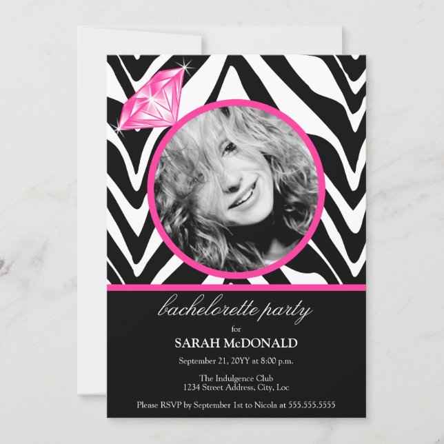 Invitation Fun Zebra Print & Diamant Photo Bachelorette Party (Devant)