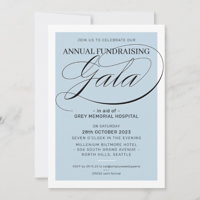 Invitation FUNDRAISING GALA événement fancy élégant bleu pâle (Devant)
