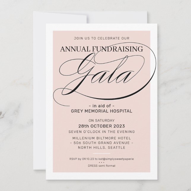 Invitation FUNDRAISING GALA événement fantaisie cadre or rose (Devant)