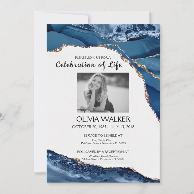 Invitation Funérailles bleues et dorées Célébrer la vie (Devant)