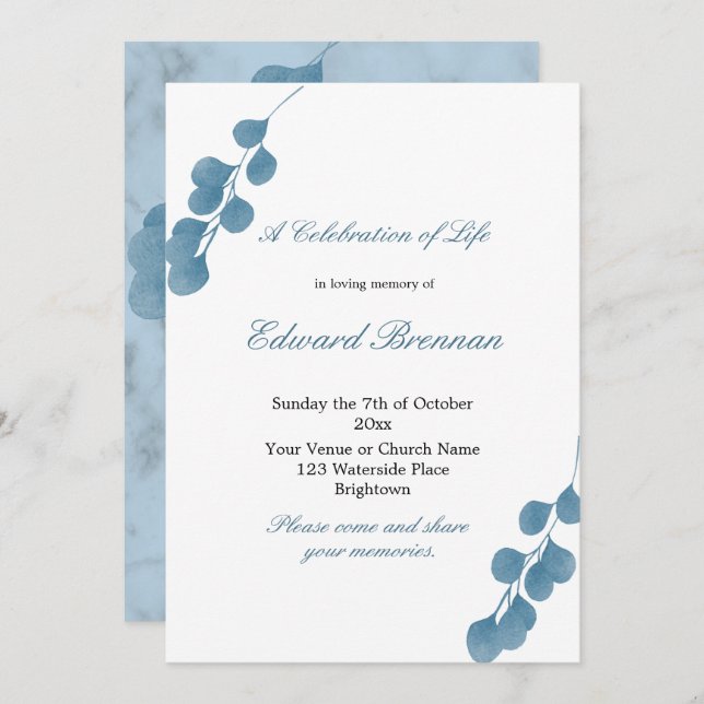 Invitation Funérailles Blue Eucalyptus Célébration De La Vie (Devant / Derrière)
