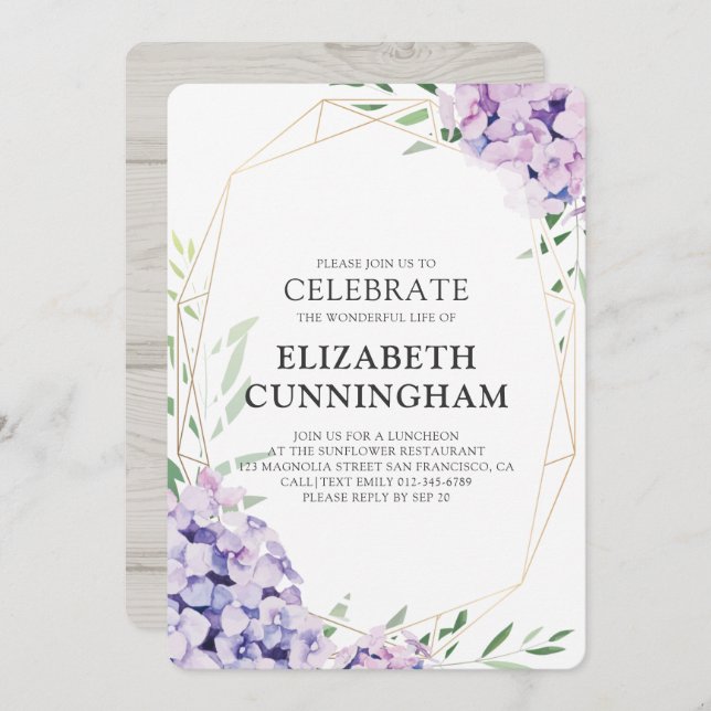 Invitation Funérailles commémoratives Hydrangea Lilac Floral  (Devant / Derrière)