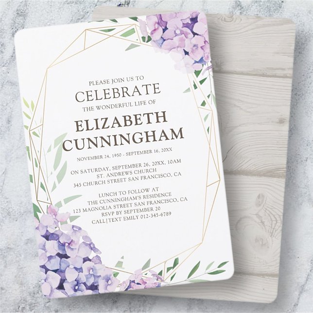 Invitation Funérailles commémoratives Hydrangea Lilac Floral  (Créateur téléchargé)