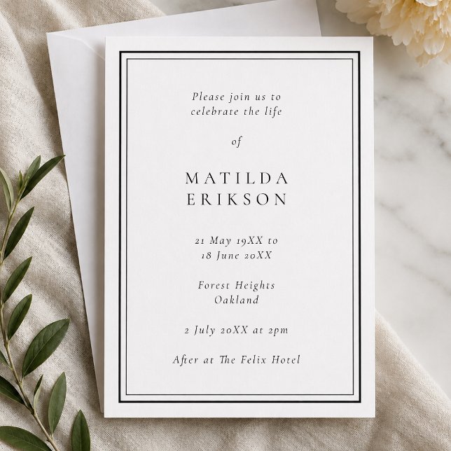 Invitation Funérailles Élégantes | Célébration Classique de l (Personalized funeral invitation with classic border for celebration of life details.)
