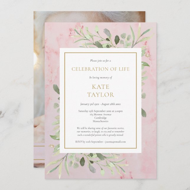 Invitation Funérailles en marbre rose Fête de la vie (Devant / Derrière)