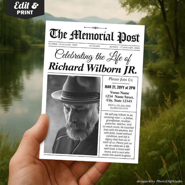 Invitation funéraire Memorial Invitation de journa (Memorial Invitation Funeral  Newspaper Invite Celebration of Life Invitation Card)