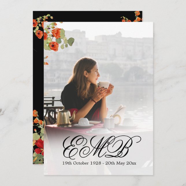 Invitation Funéraire Photo Floral Black Celebration (Devant / Derrière)