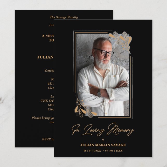 Invitation Funeral Black Fake Golden Branches Photo Remember (Devant / Derrière)
