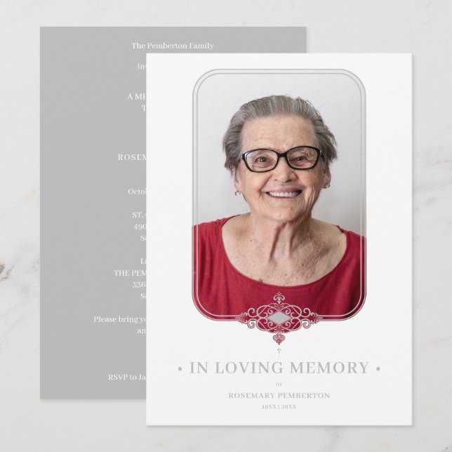 Invitation Funeral Grey Ornamental Lace Effect Photo (Devant / Derrière)